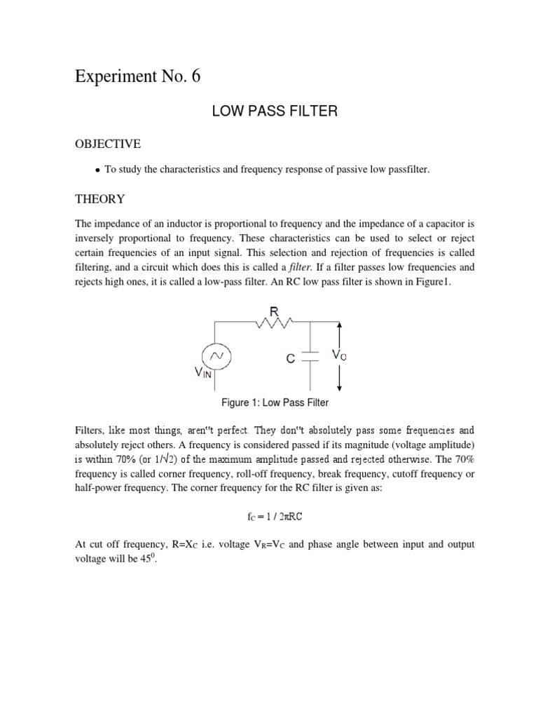 Experiment No. 6: Low Pass Filter | PDF | Electronic Filter | Low Pass ...