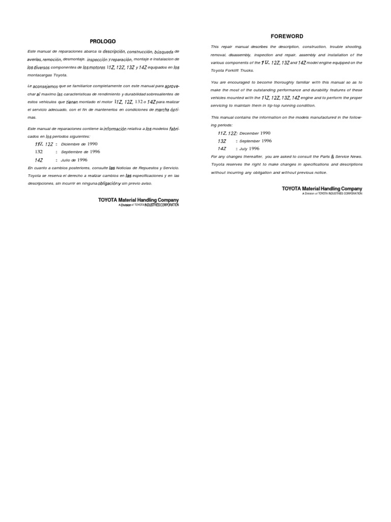 Toyota Forklift Trucks 11Z - 12Z - 13Z - 14Z Engine Repair Manual C4615 ...
