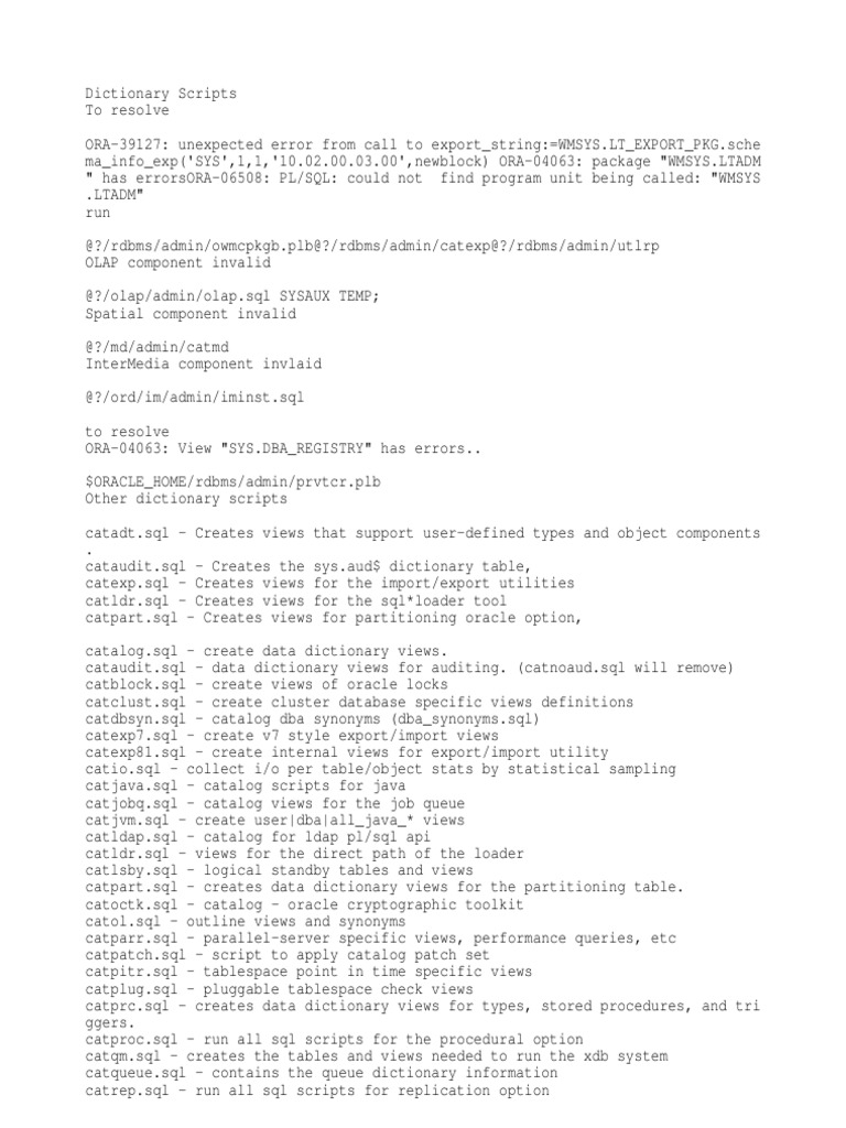 Oracle Dictionary Script Errors | PDF | Sql | Pl/Sql