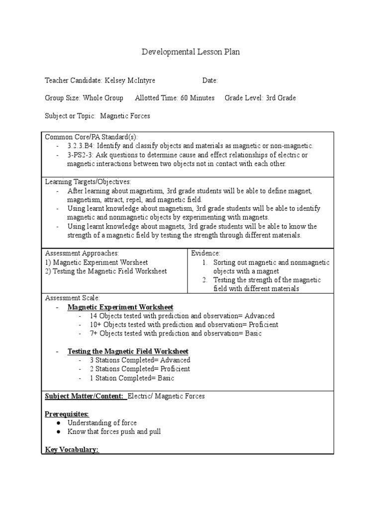 Developmental Lesson Plan Experiment Worksheet PDF