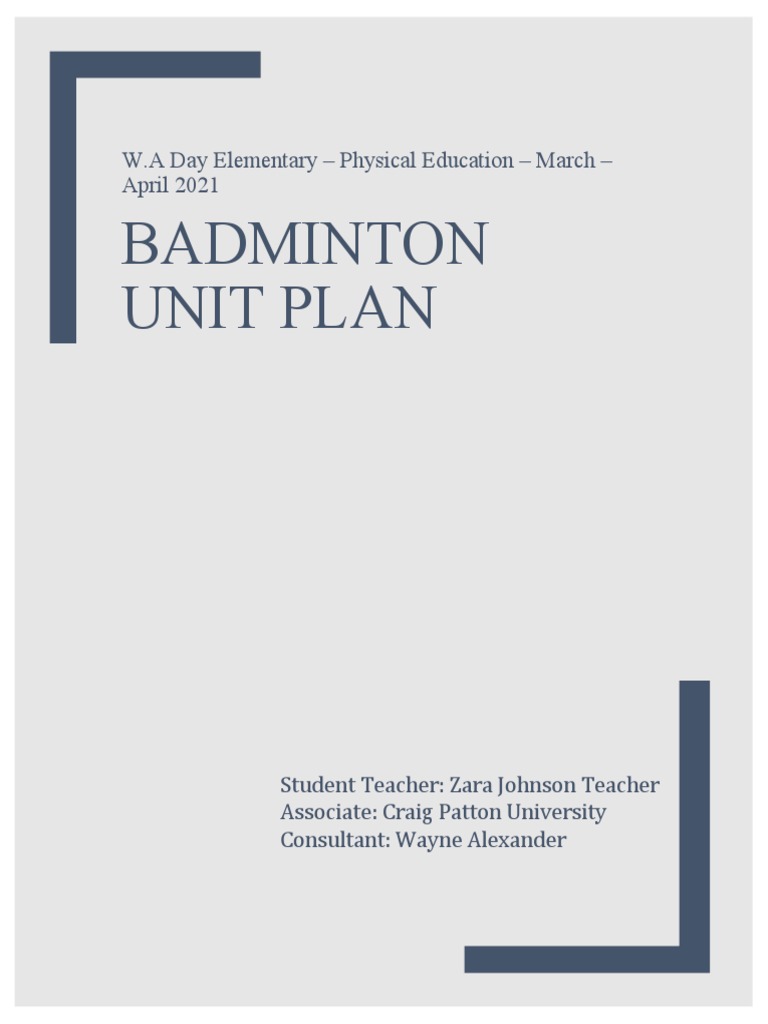 Badminton Unit Plan W.A Day Elementary Physical Education March