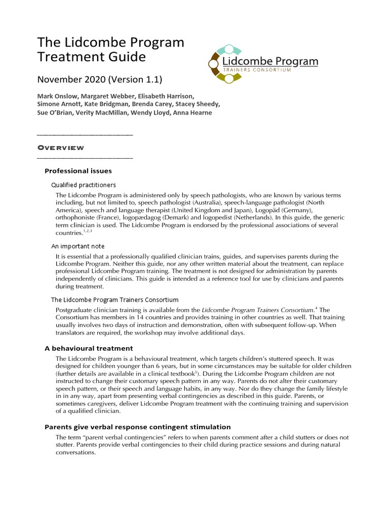 Lidcombe Program Treatment Guide 2020 | PDF | Stuttering | Clinical Trial
