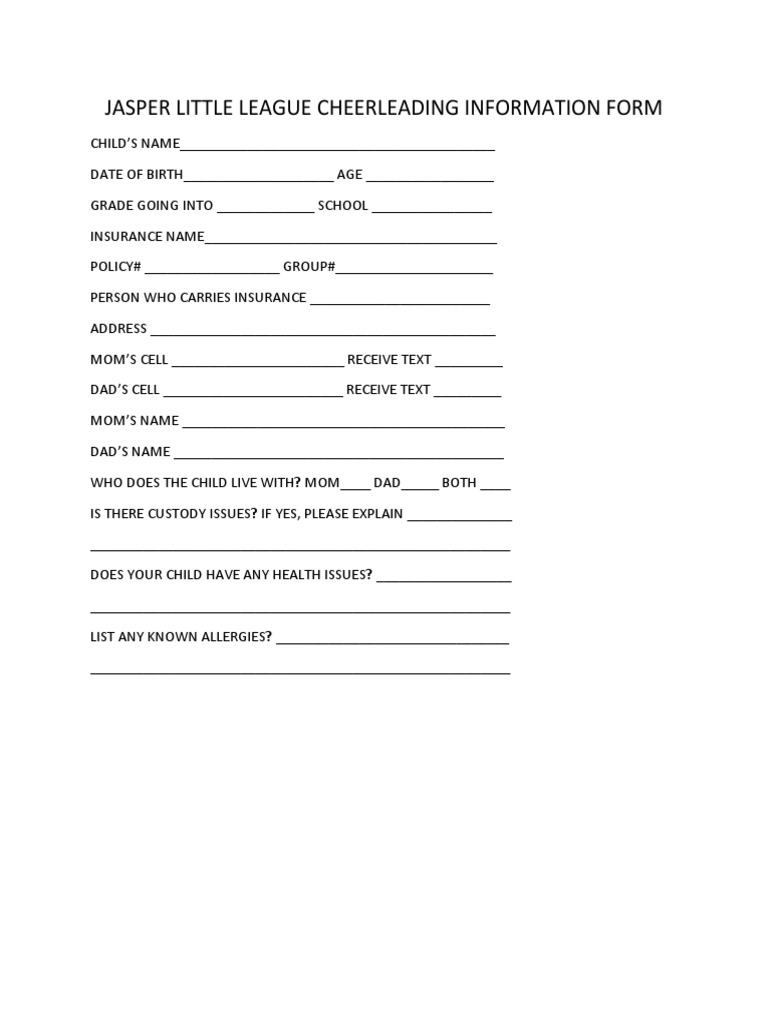Jasper Little League Cheerleading Information Form (5895) | PDF
