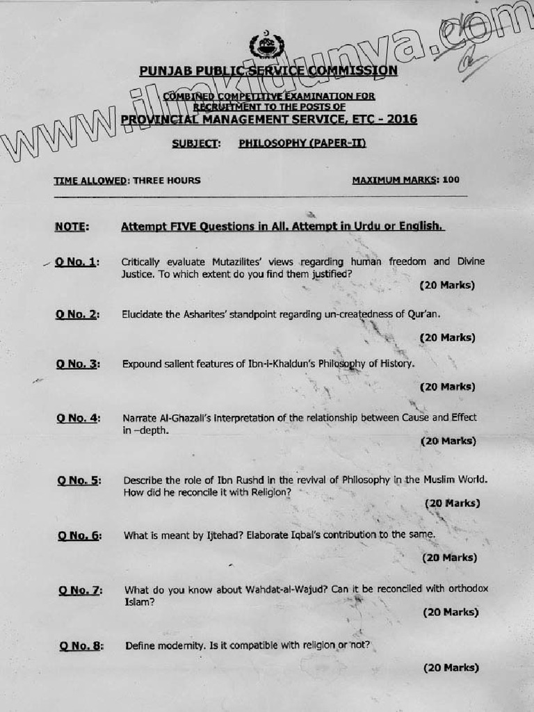 Pms Past Paper 2016 Philosophy Paper Ii Pdf