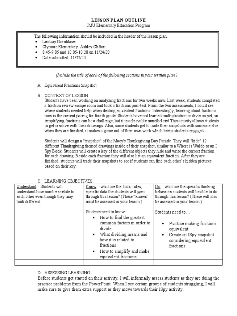JMU Fraction Lesson Plan PDF Lesson Plan Human Nature