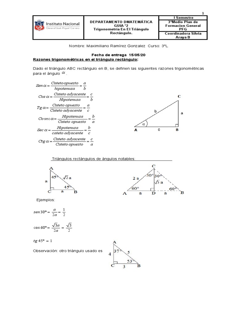 Guia N 2 Trigonometria En El Triangulo Rectangulo Pdf Triangulo Funciones Trigonometricas