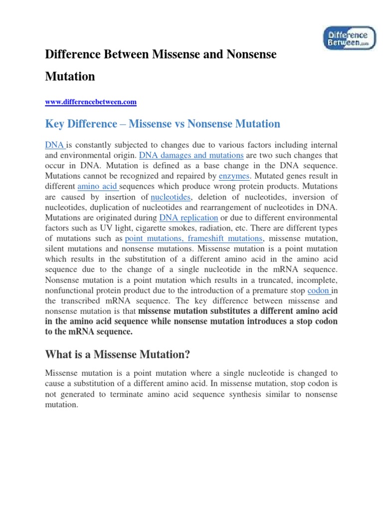 Difference Between Missense and Nonsense Mutation | PDF | Genetic Code ...