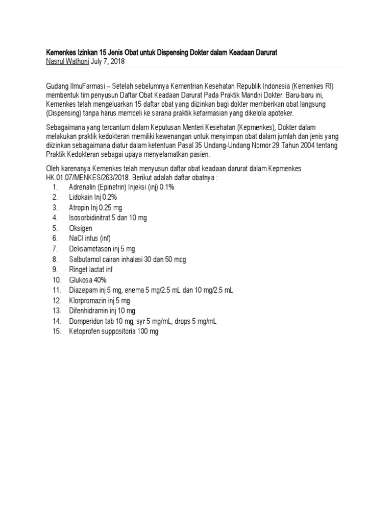 Kemenkes Izinkan 15 Jenis Obat Untuk Dispensing Dokter Dalam Keadaan ...