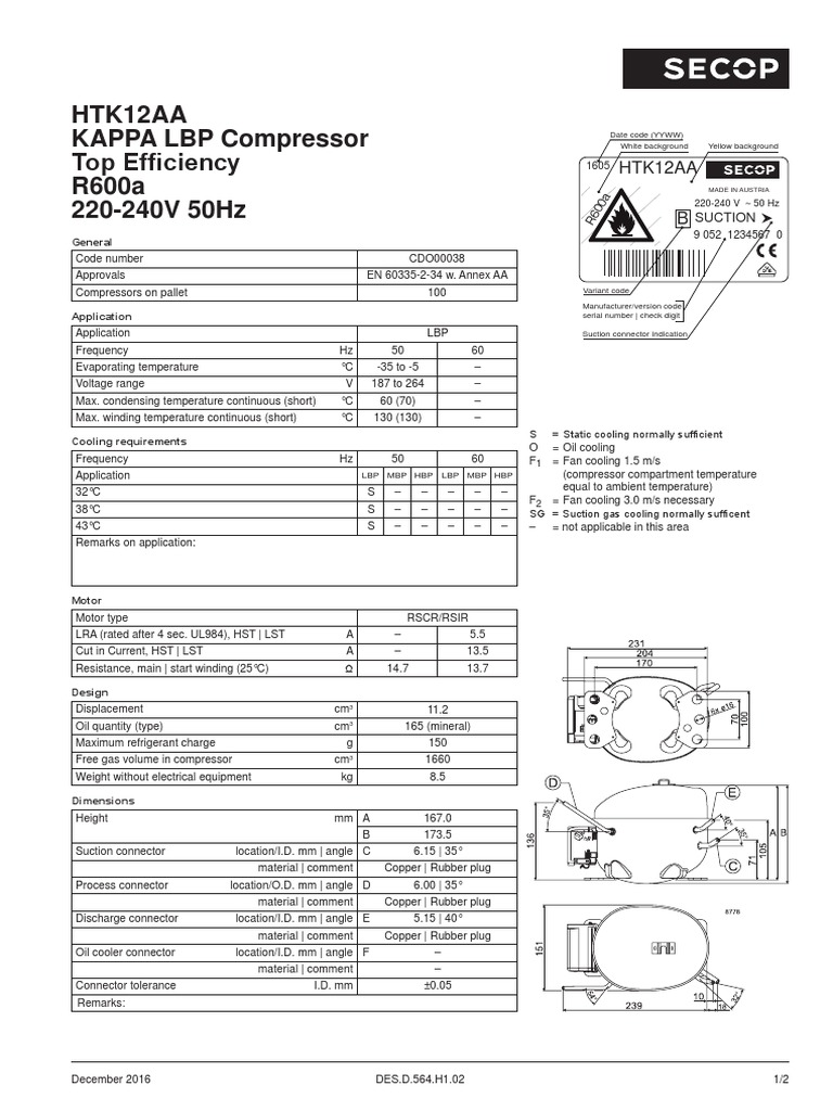 Htk12Aa KAPPA LBP Compressor Top Efficiency R600a 220-240V 50Hz | PDF ...
