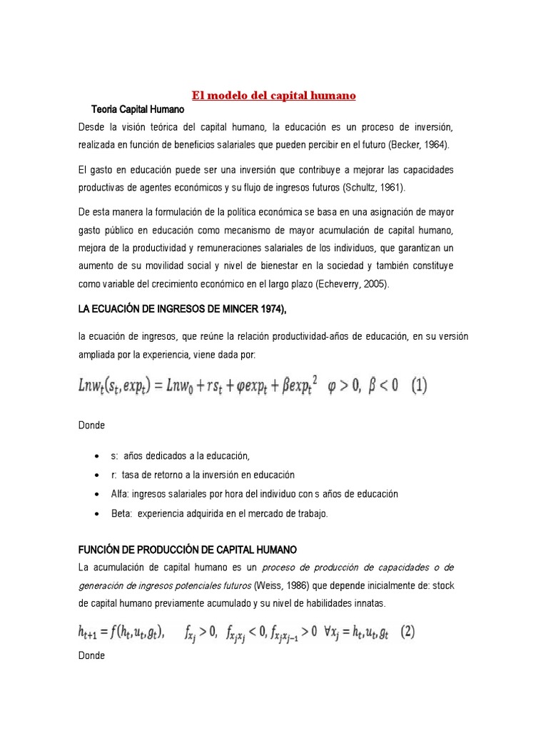 Teoria Modelo Capital Humano | Descargar gratis PDF | Capital humano