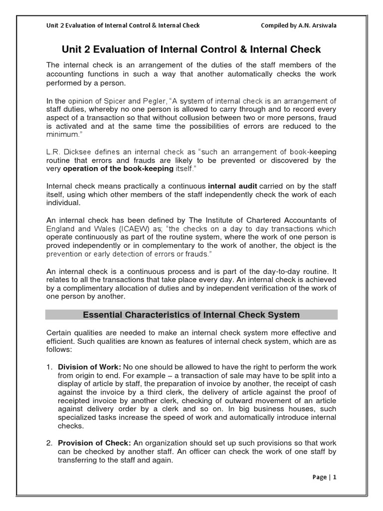 C H 2 Evaluation of Internal Control & Internal Check | PDF | Internal ...