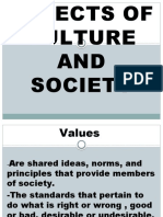 Aspects of Culture and Society: Values, Law, Beliefs, Folkways, Norms, Mores, Symbols, Language, Social Class, Stratification, Relations, Characteristics