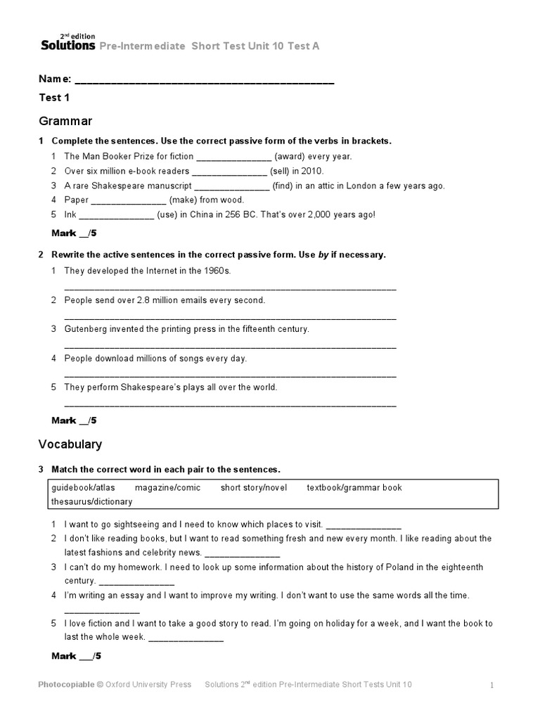 Grammar: Pre-Intermediate Short Test Unit 10 Test A | PDF | Books.