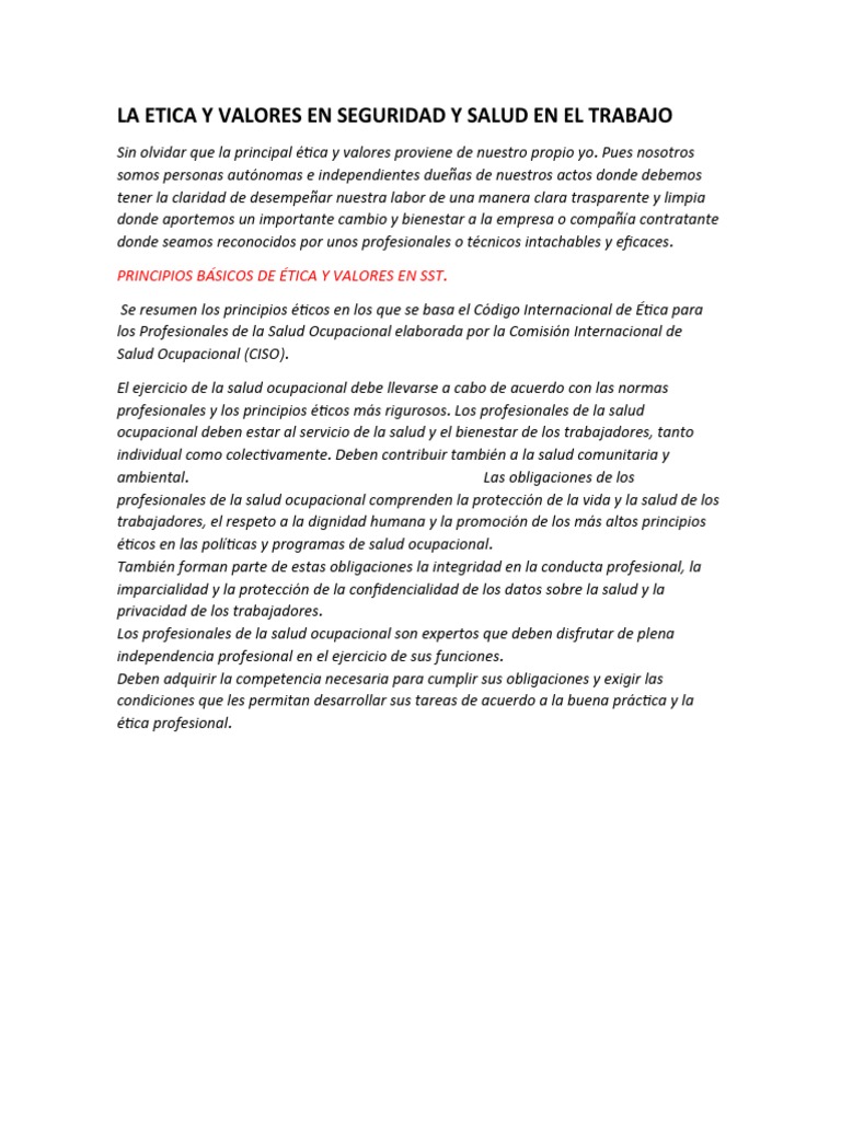 La Etica Y Valores En Seguridad Y Salud En El Trabajo Pdf