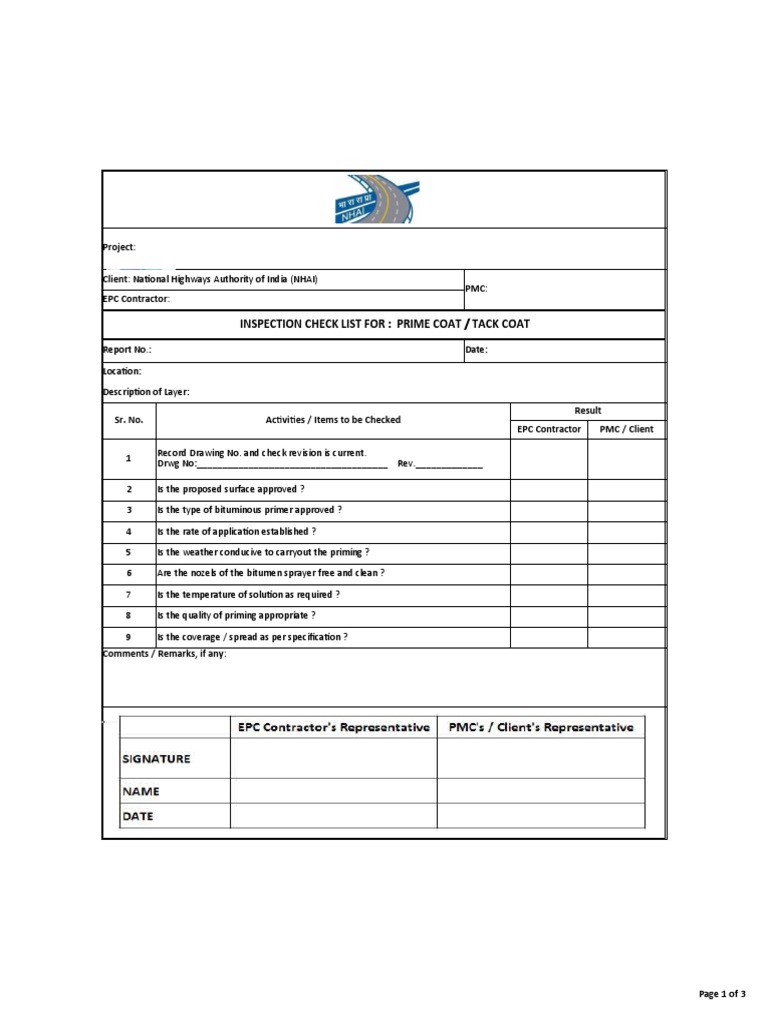 Checklist PRIME COAT TACK COAT PDF