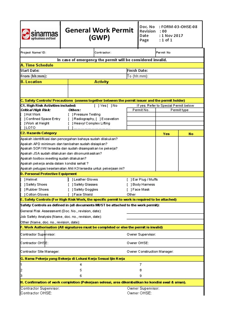 General Work Permit Template | PDF | Working Conditions | Equipment