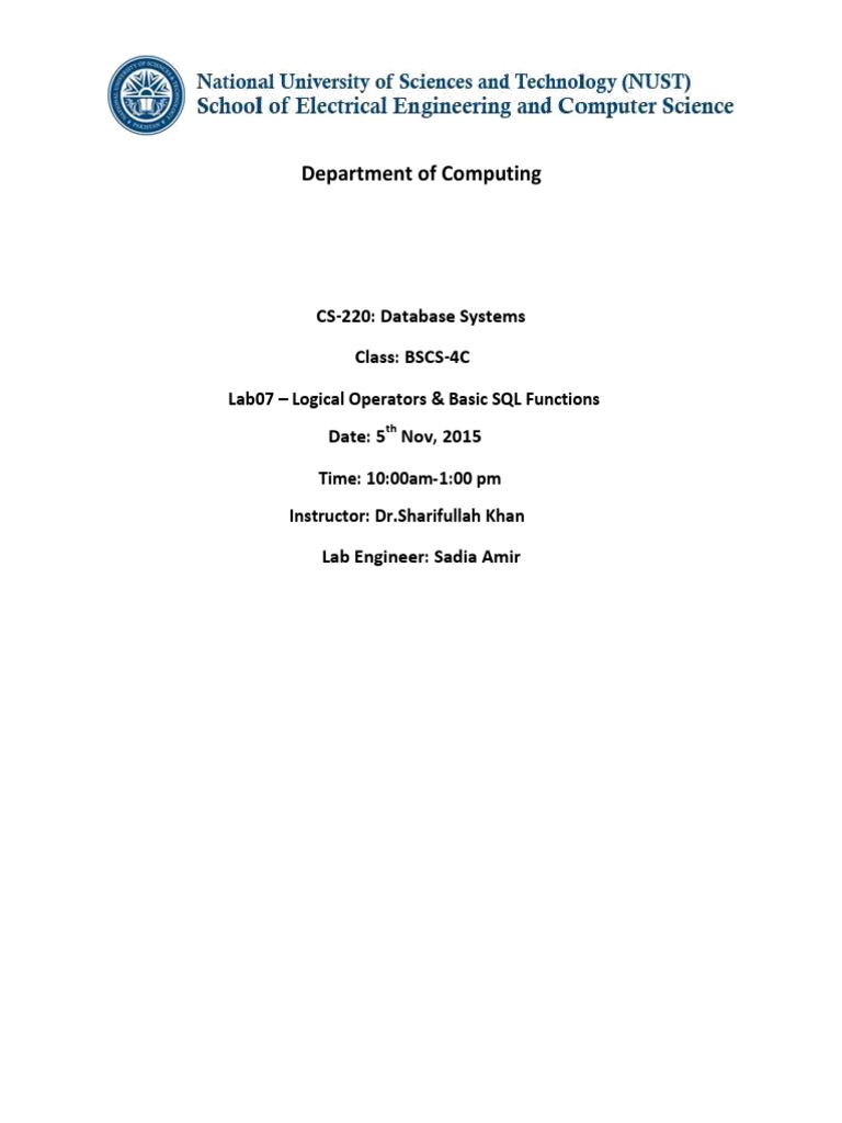 Lab07 SQL Logical Operators Single Row Functions | PDF | Sql | Databases
