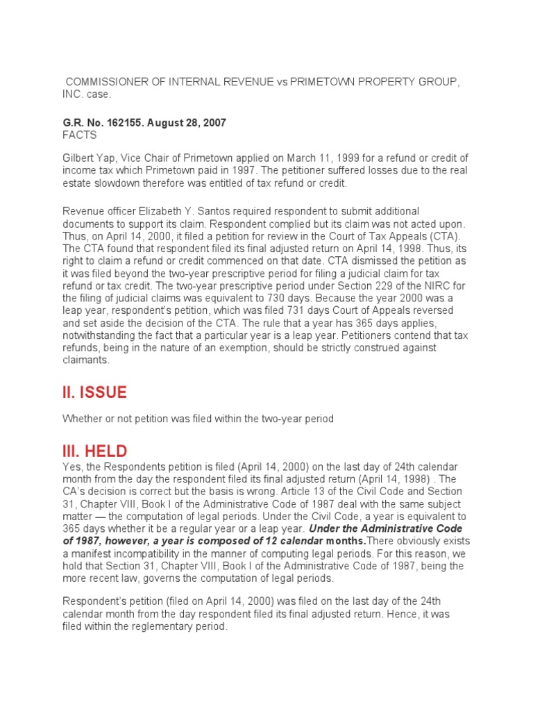 CIR Vs Primetown PDF Tax Refund Statute Of Limitations