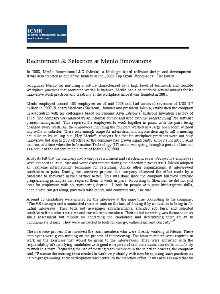 Menlo Innovations' Extreme Interviewing Case Study | PDF | Recruitment ...