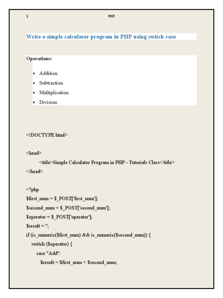 Write A Simple Calculator Program in PHP Using Switch Case PDF
