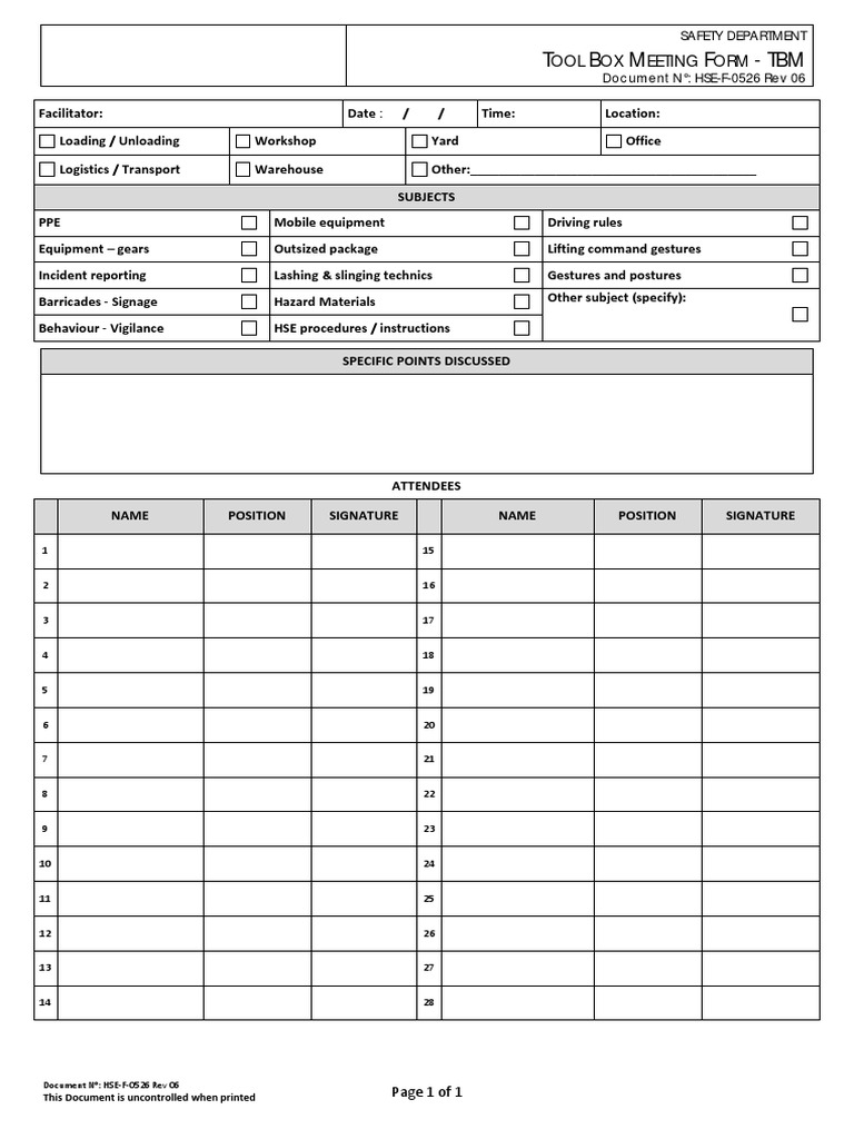 Tool Box Meeting Form PDF Transport Safety