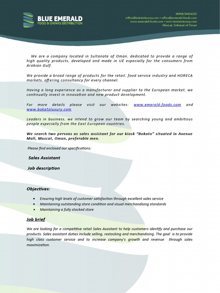 Sales Assistant Job Description PDF Sales Oman