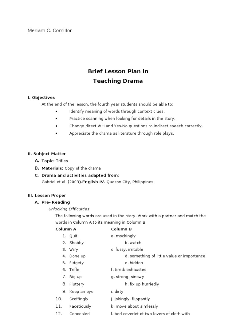 Teaching Drama with "Trifles" Lesson Plan | PDF | Question | Linguistics
