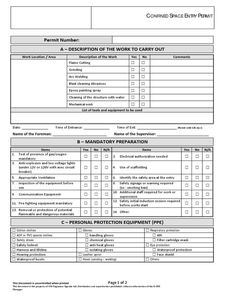 Confined Space Entry Permit Template | PDF | Personal Protective ...