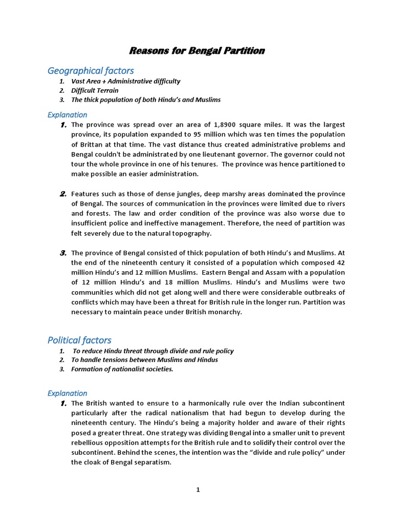 Causes of the 1905 Bengal Partition | PDF | British Raj | Partition Of ...