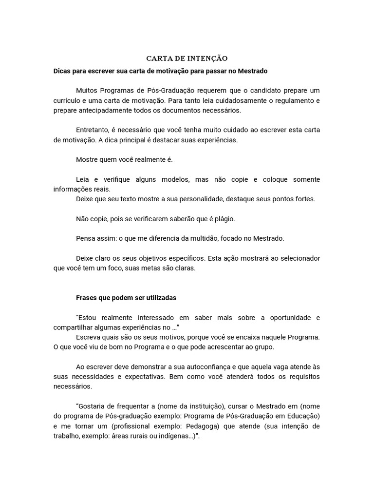 Carta de Intenção | PDF | Mestrado | Pós-graduação
