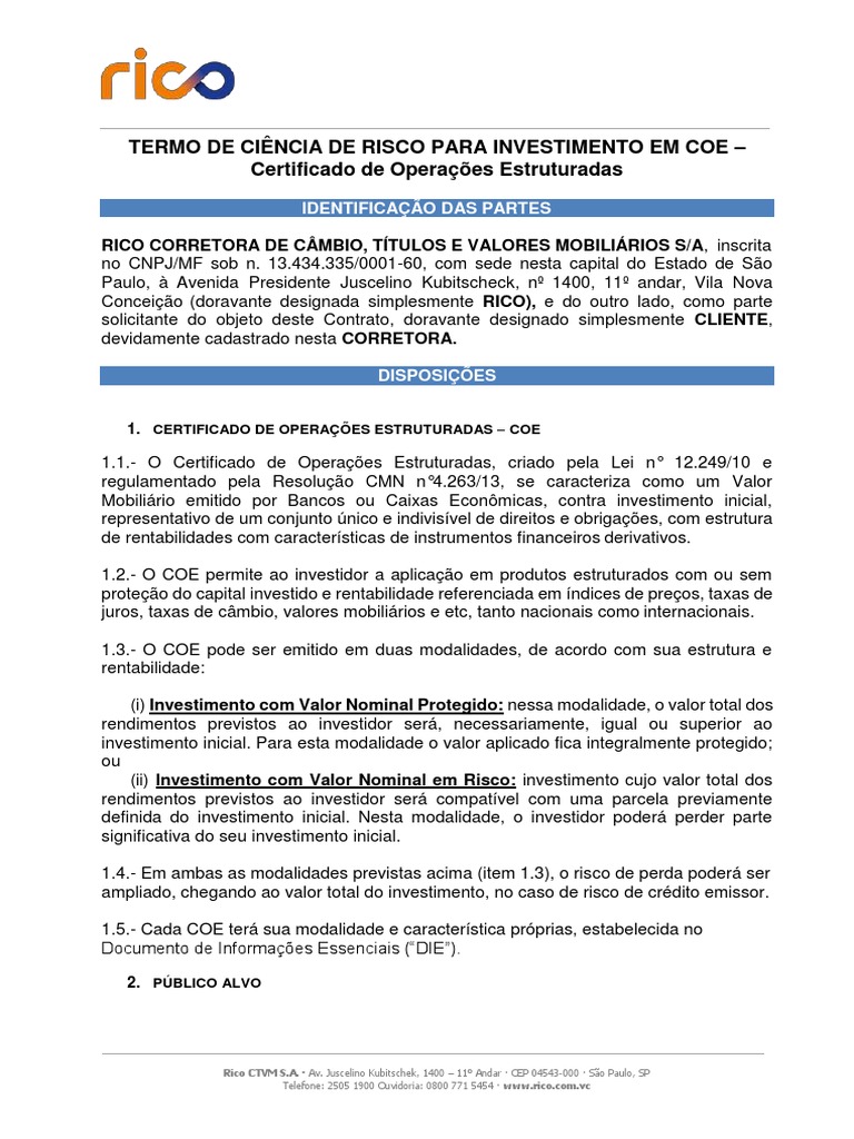 COE Certificado de Operações Estruturadas | PDF | Investimentos | Risco