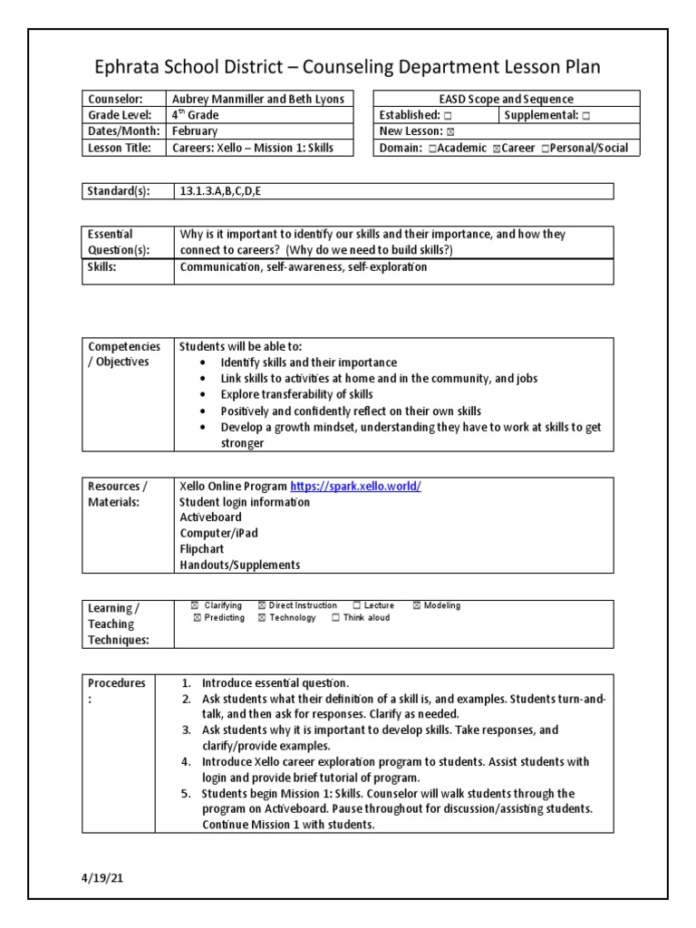 Ephrata School District - Counseling Department Lesson Plan | PDF ...
