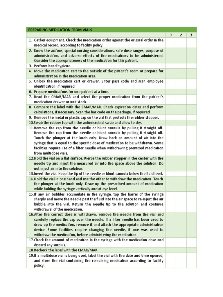Checklist Preparing Medications From Vials and Ampules PDF Syringe