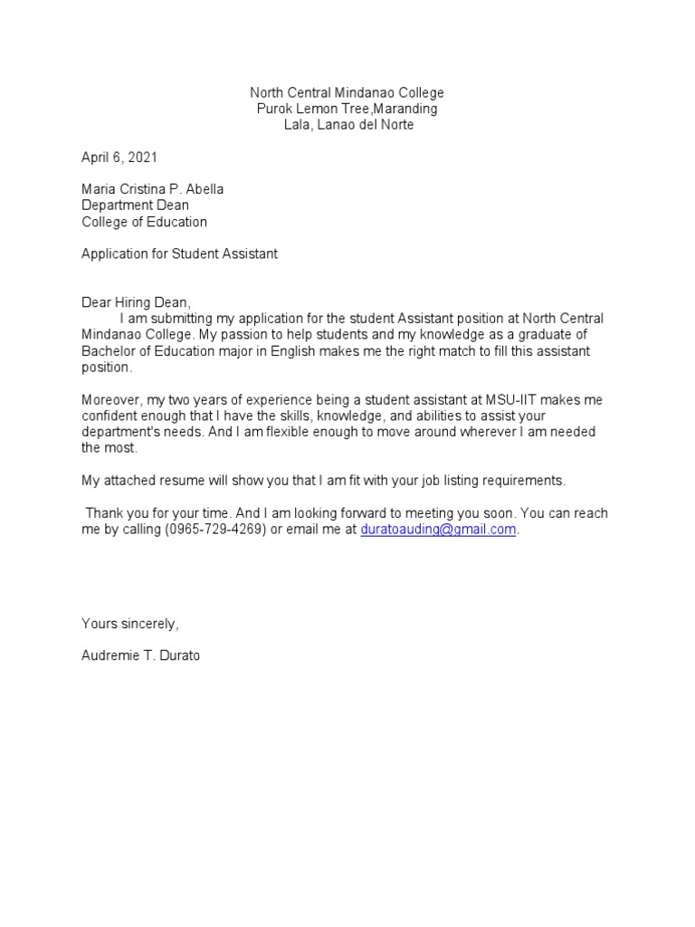 simple application letter for student assistant