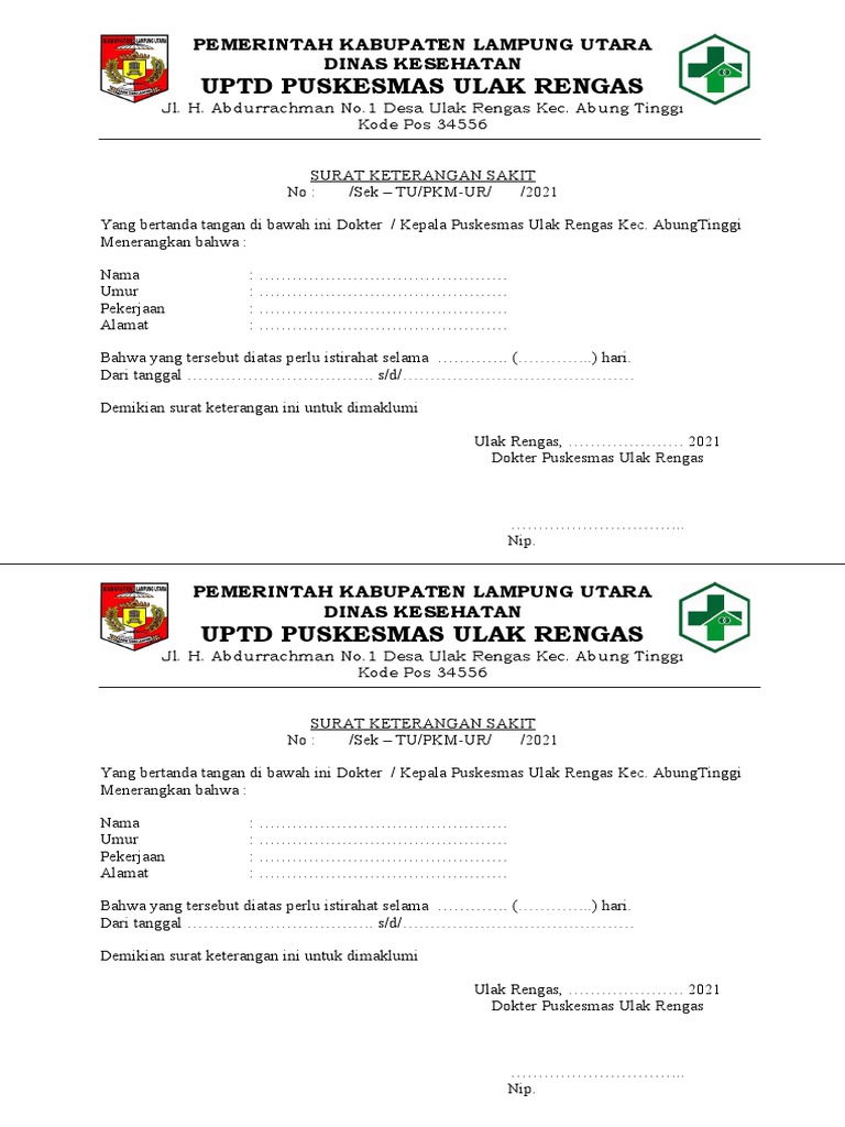 Surat Keterangan Sakit Puskesmas Ulak Rengas | PDF