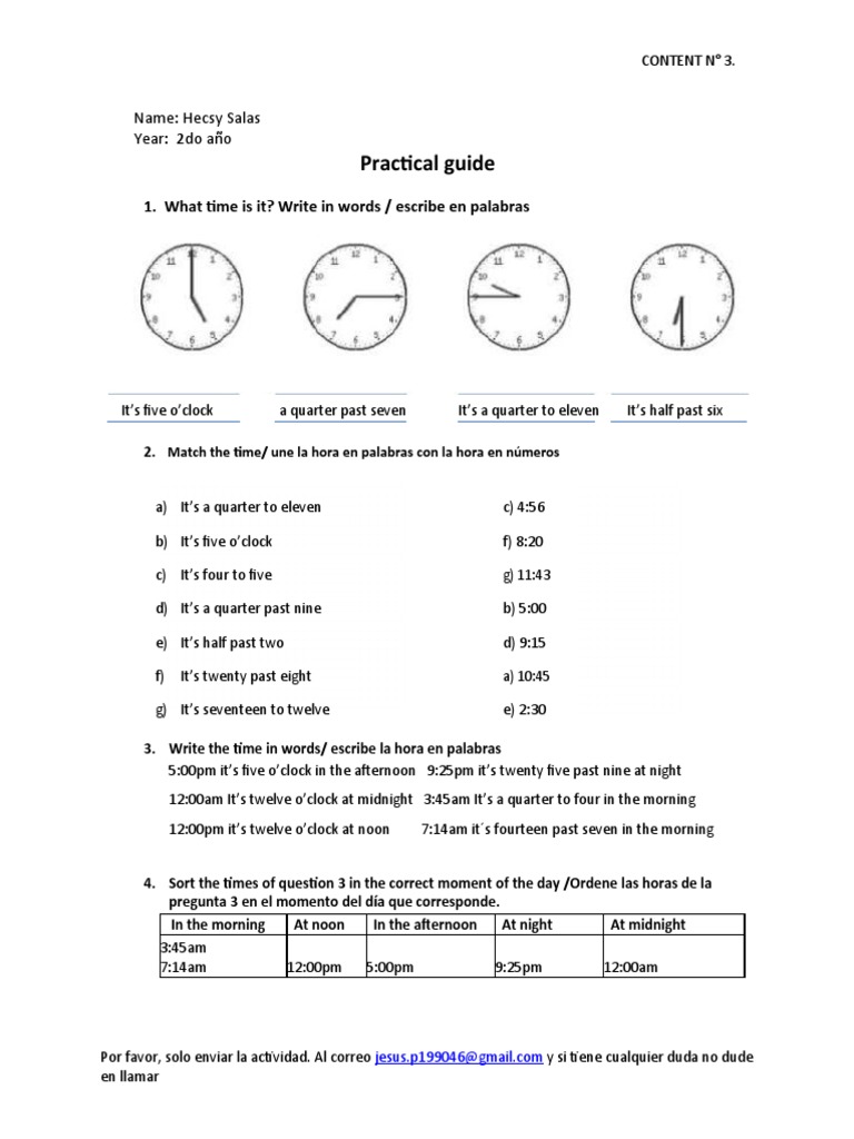 Practical Guide: 1. What Time Is It? Write in Words / Escribe en ...