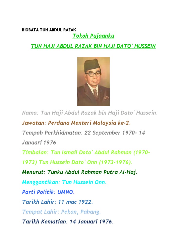 Tokoh Pujaanku Tun Haji Abdul Razak Bin Haji Dato' Hussein | PDF