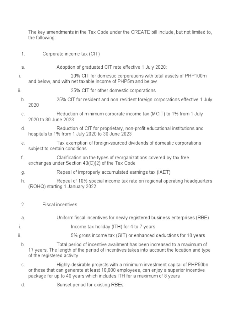 Key Amendments in CREATE Tax Law | PDF | Corporate Tax In The United ...