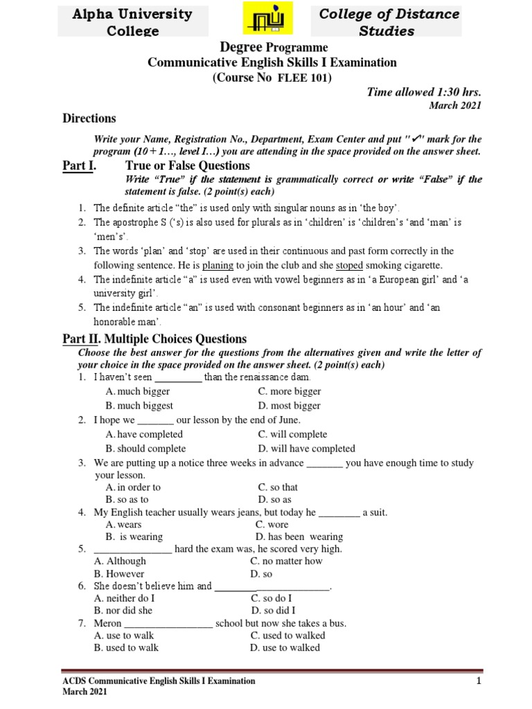 Communicative English Skills I Exam | PDF | English Language ...