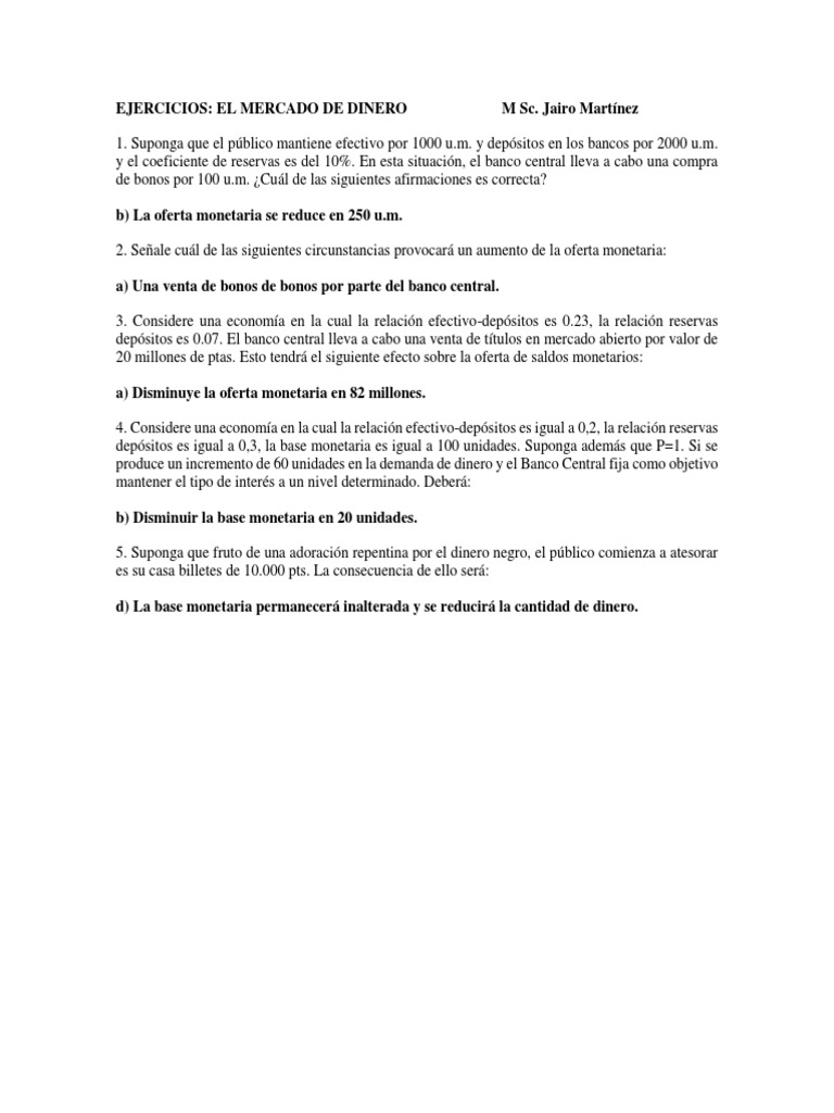 Ejercicios sobre el Mercado de Dinero | PDF | Negocios | Finanzas y dinero