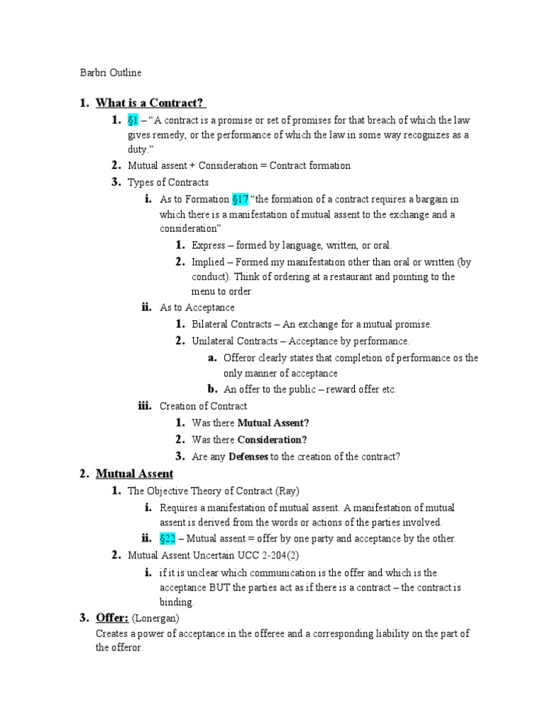 Barbri Outline | PDF | Offer And Acceptance | Consideration