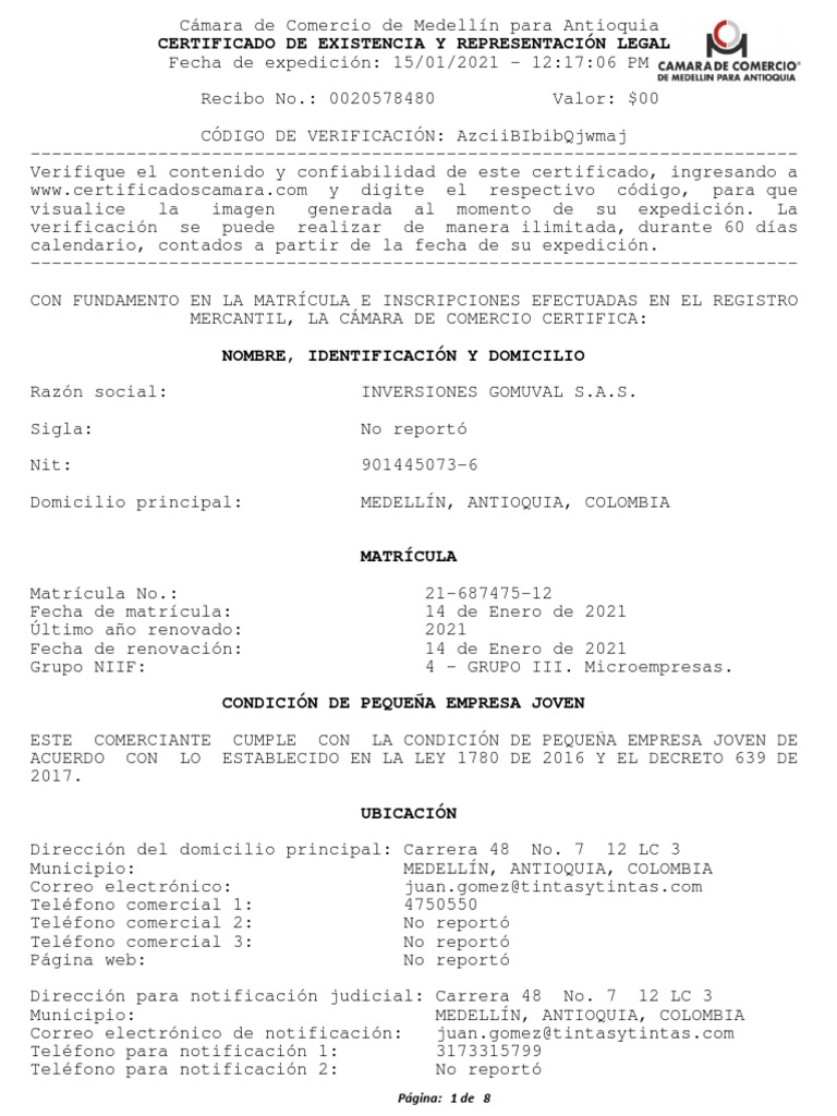 Certificado Camara y Comercio Ene 2021 | Descargar gratis PDF ...