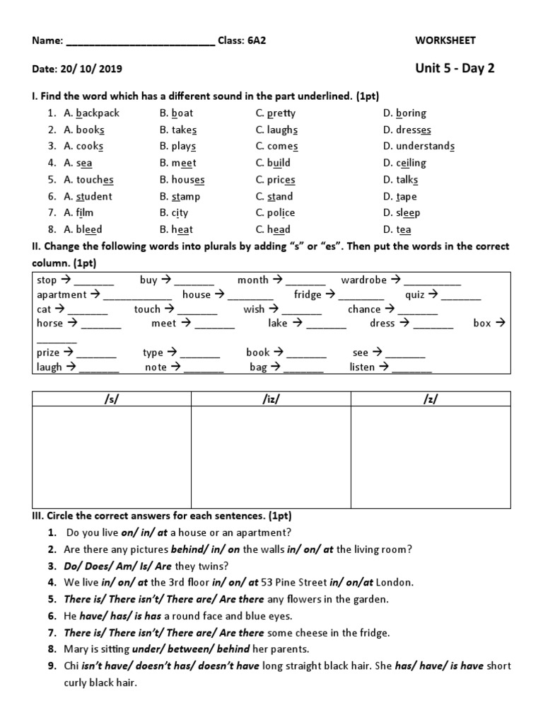 Class 6 English Unit 5 Worksheet | PDF | Linguistic Morphology | Grammar