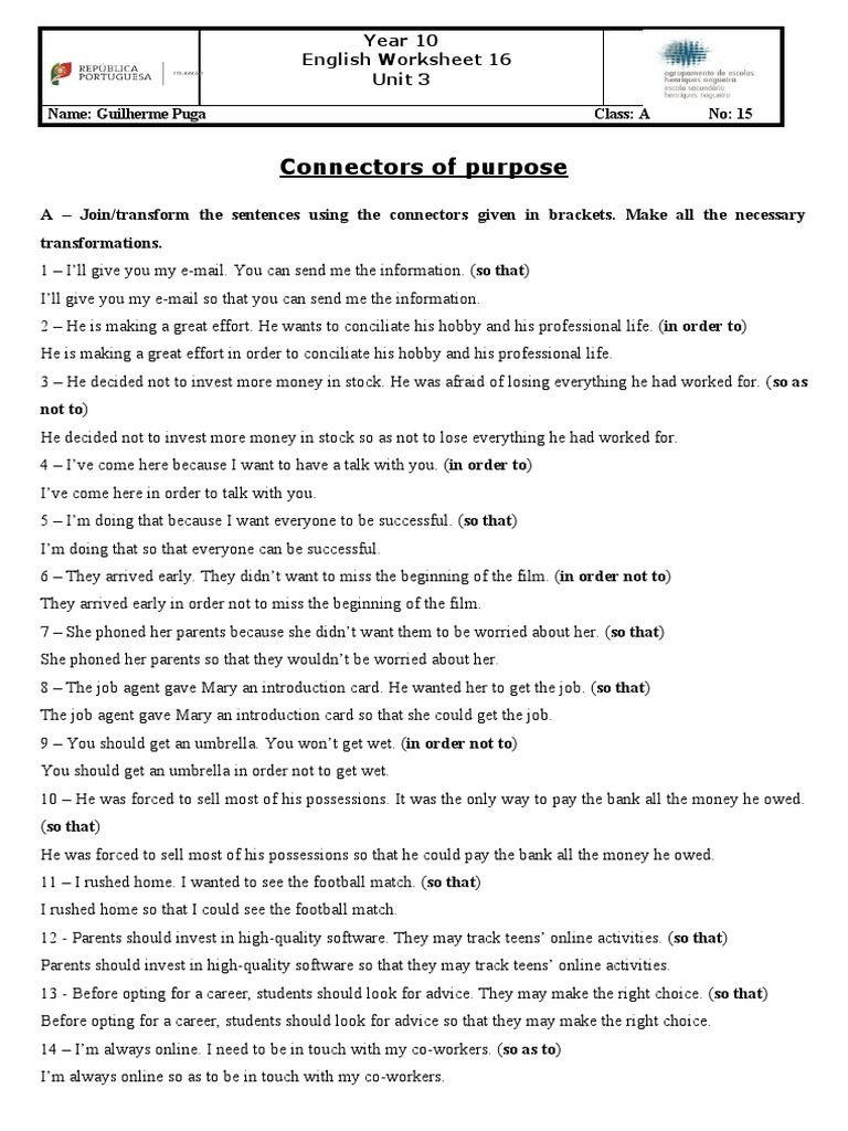 Connectors of Purpose Year 10 English Worksheet 16 Unit 3 PDF Business