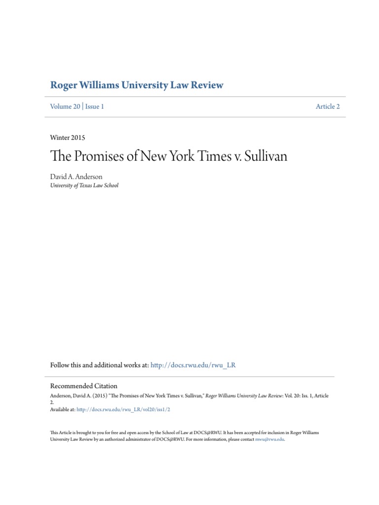 The Promises of New York Times v. Sullivan Roger Williams University