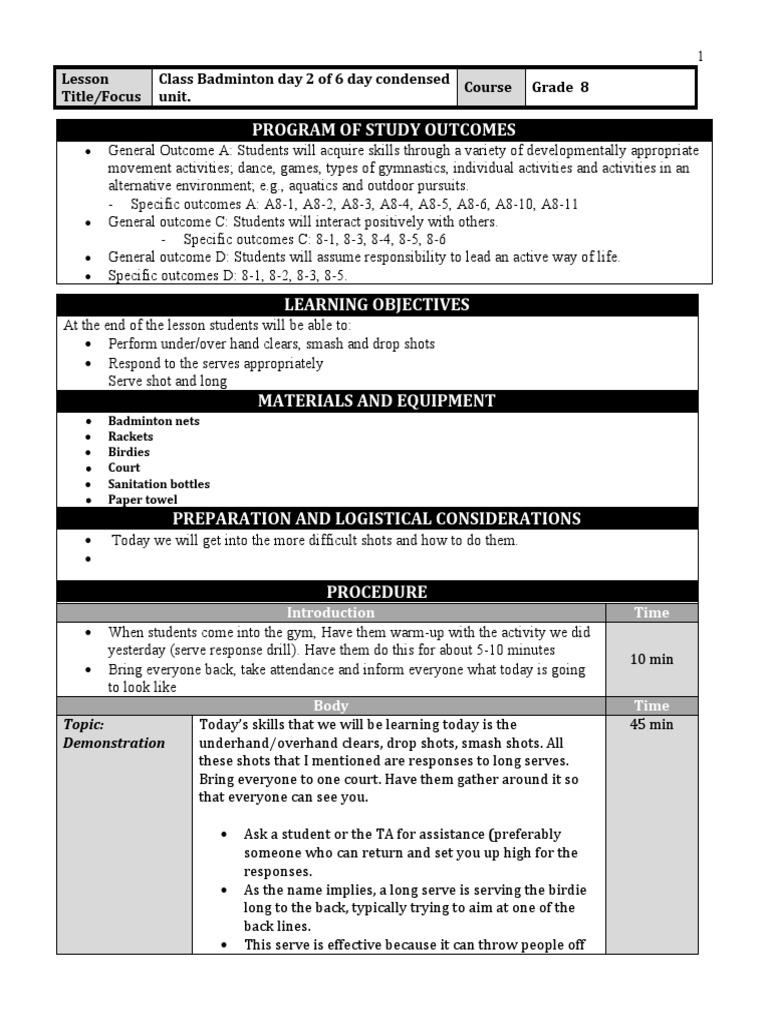 Grade 8 Badminton Lesson Plan Day 2 | PDF | Teaching | Pedagogy
