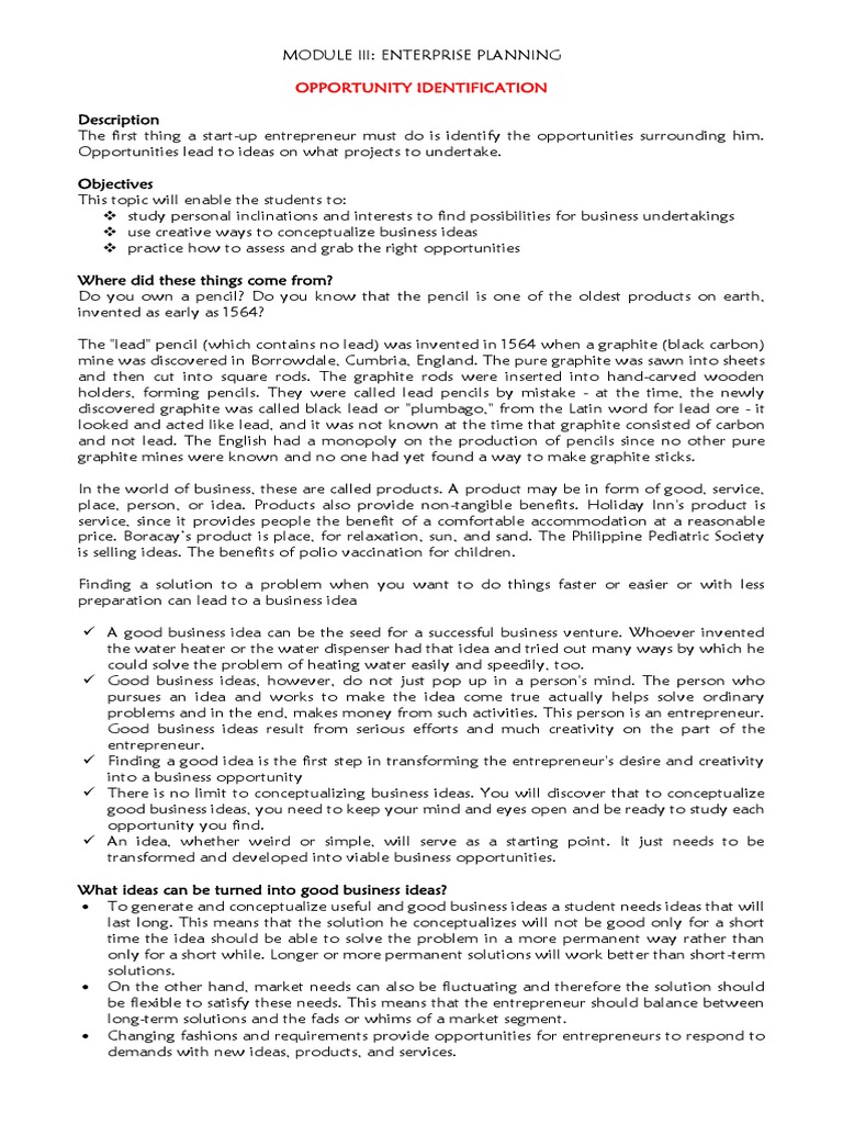 Identifying Business Opportunities | PDF | Pencil | Entrepreneurship