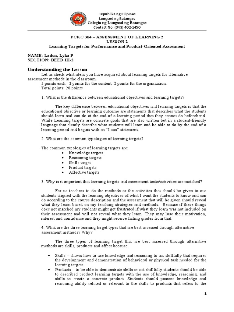 Learning Targets in Alternative Assessment | PDF | Motivation ...