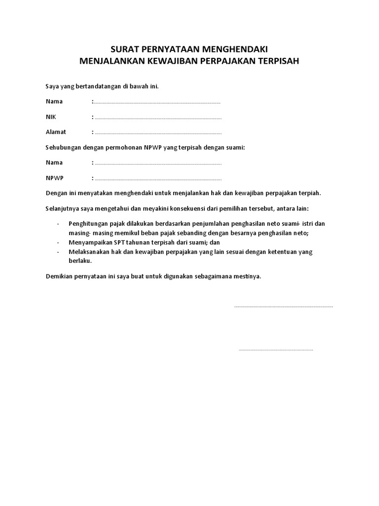 Surat Pernyataan Menghendaki Perpajakan Terpisah | PDF