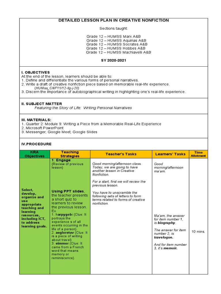 Detailed Lesson Plan in CNF | PDF | Curriculum | Autobiographies